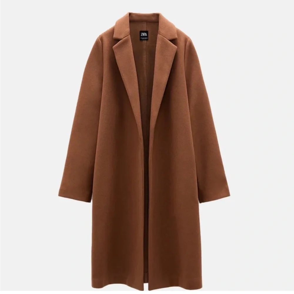 Zara Women's Camel Coat Open Front Lapel Collar - Large - Picture 6 of 7